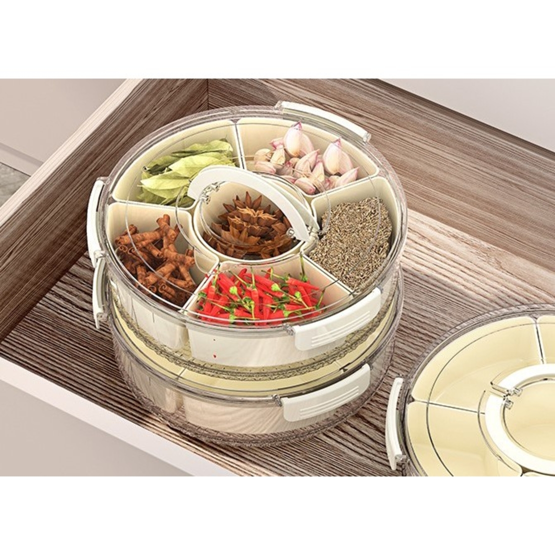 Cutie de Depozitare pentru Alimente, Flippy, cu 6 Compartimente, pentru Condimente, Fructe, Legume, cu Manere de Prindere, Rotativa 360 de Grade, Inchidere Ermetica, 32x8 cm, Alba