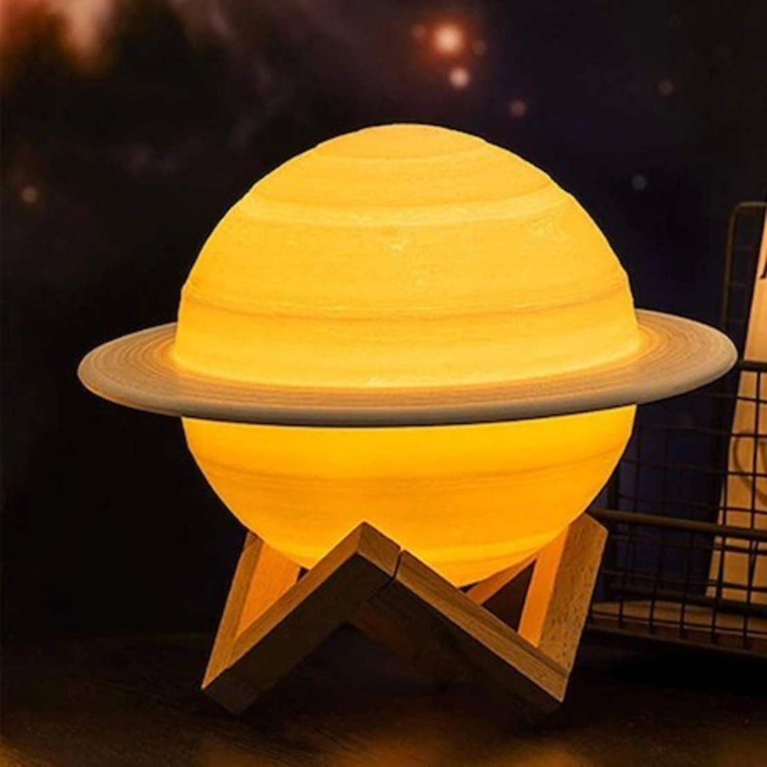 Lampa de Veghe, Flippy, Model Planeta Saturn, 3D, Lumina Alb Cald, Suport din Plastic, cu Baterii, 13 cm, Alb