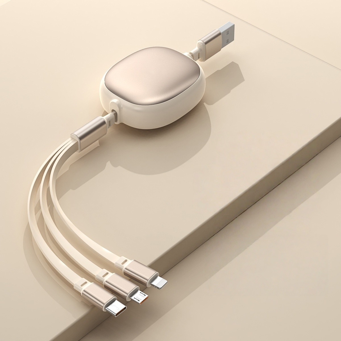 Cablu Retractabil Universal pentru Telefon, Flippy, Universal 3in1 pentru Orice Tip de Telefon, Micro-USB, Lightning, TYPE-C, 1.2M, Bej