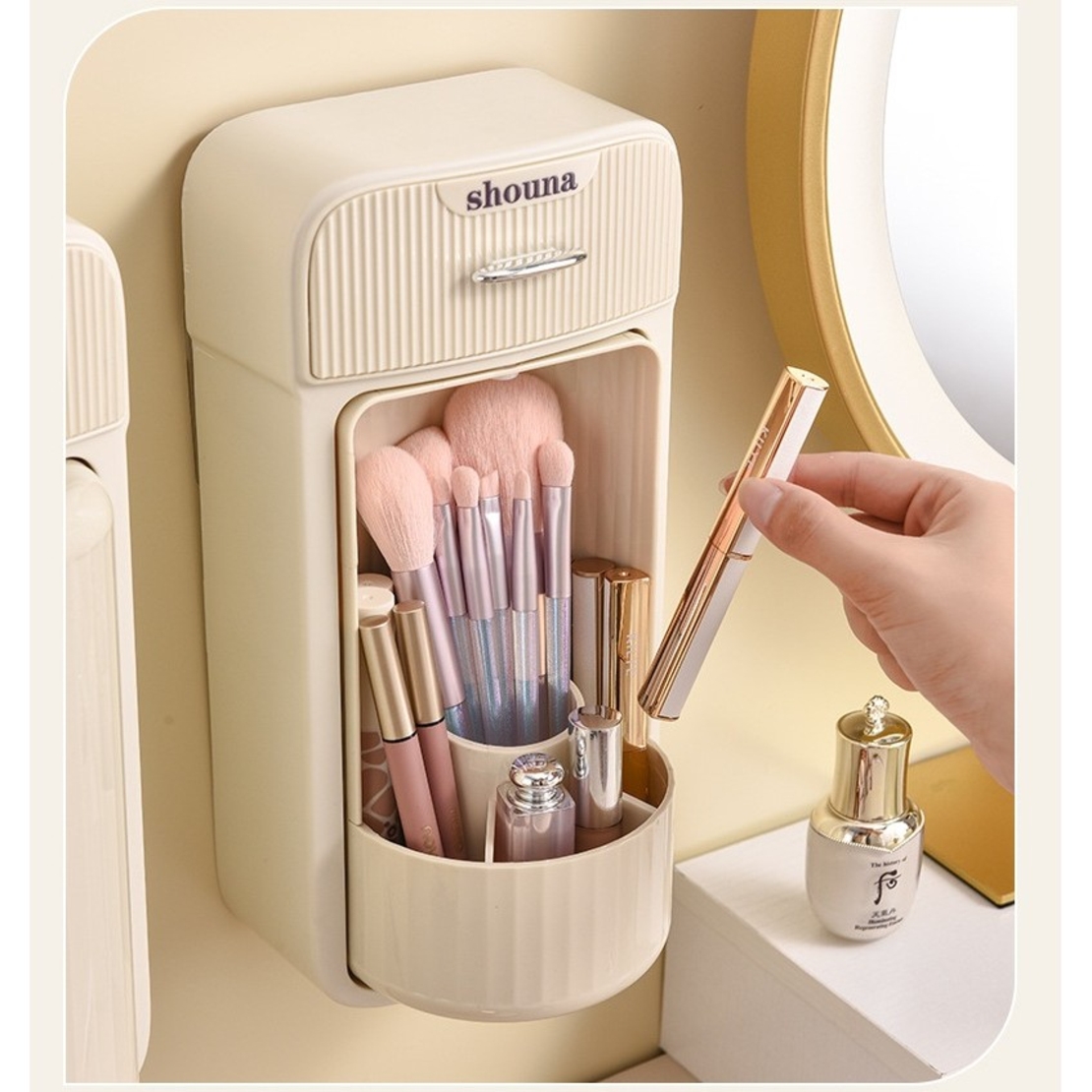 Organizator Baie, Flippy, 4 Compartimente si 1 Sertar, Rotire 360 Grade, din PP+PET, 27.5 x 16 x 11 cm, Crem