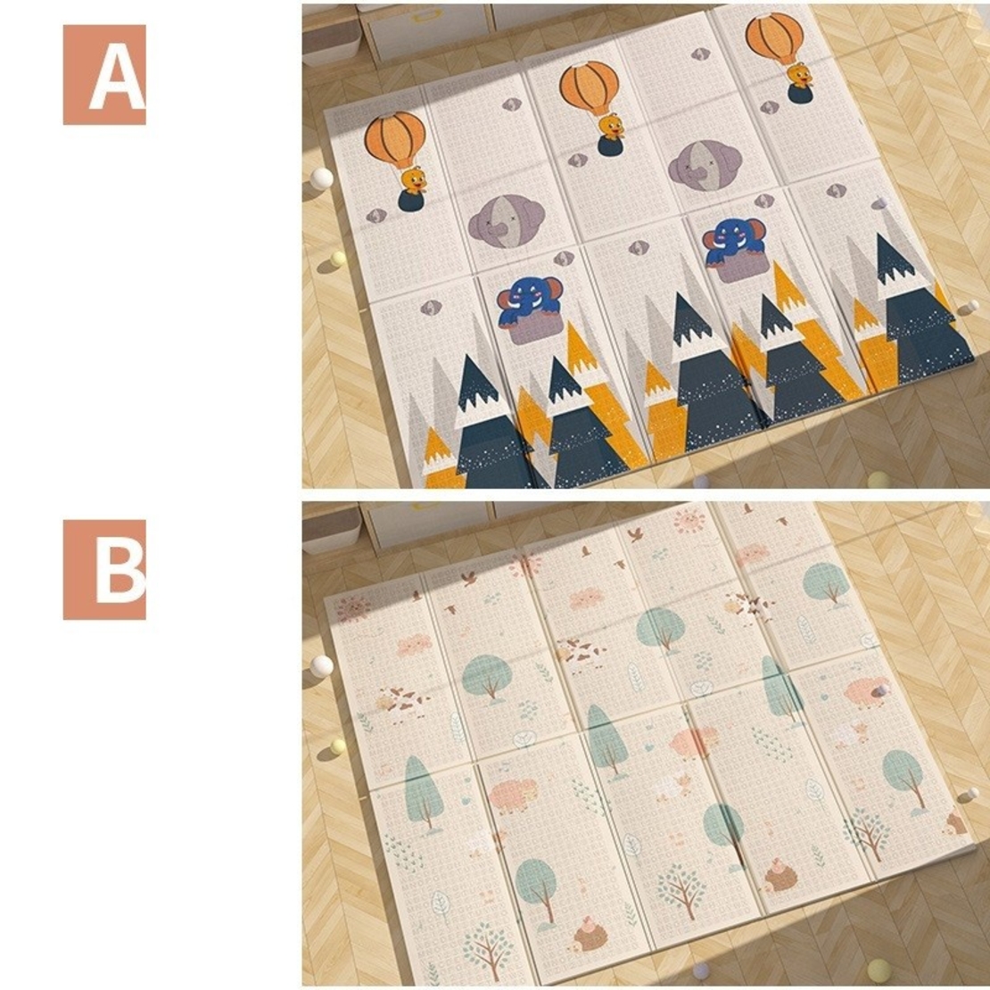 Covoras pentru Copii, Flippy, cu 2 Fete, Model Padure/Elefanti, din XPE+PE, Impermeabil, Antiderapant, Protectie Termica, +3 Luni, Pliabil, 150 x 200 x 1.5 cm, Multicolor