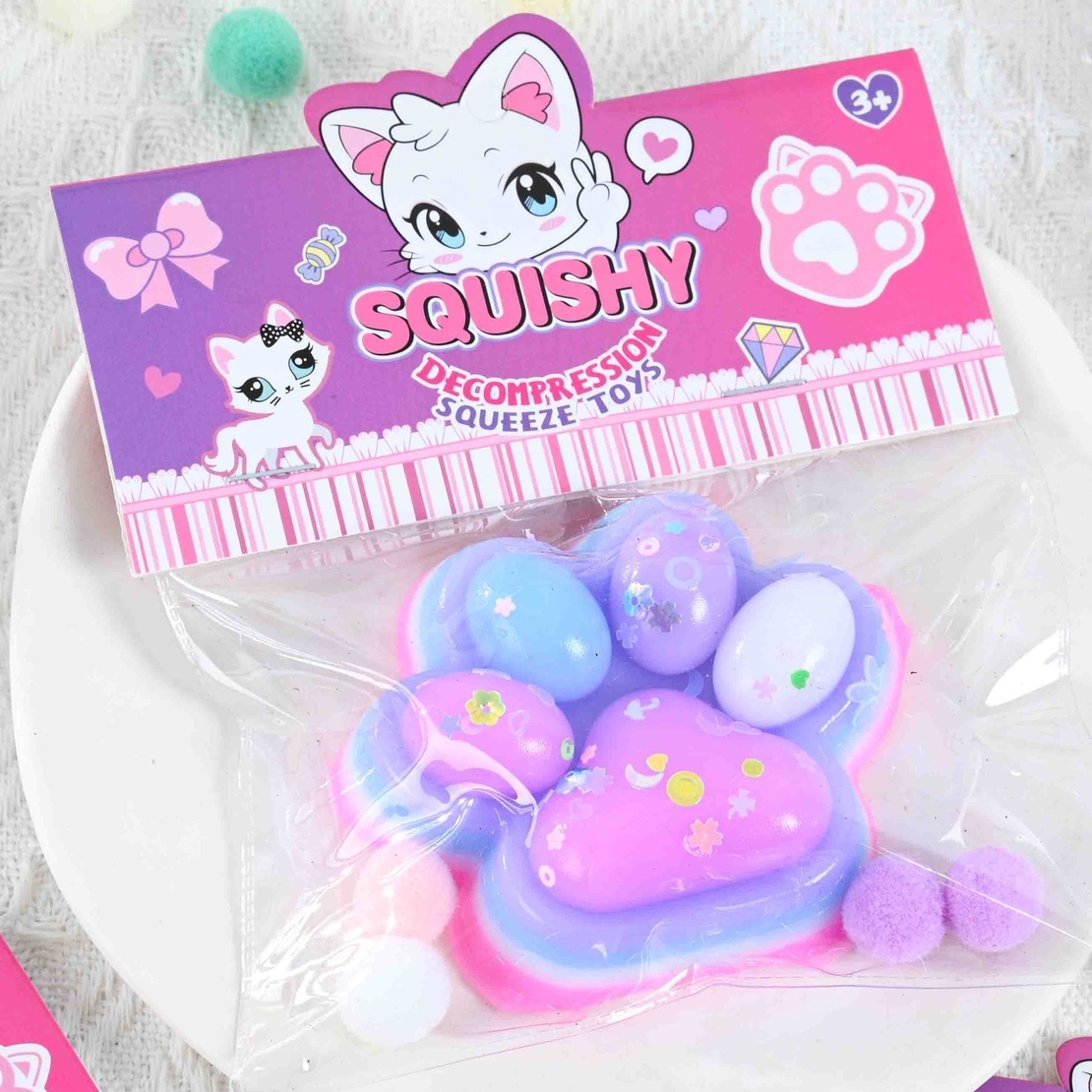 Jucarie Antistres Squishy, Flippy, Labuta de Pisica Squeeze Toys, cu Revenire Lenta, 7.5 cm, Model 270516, Multicolor