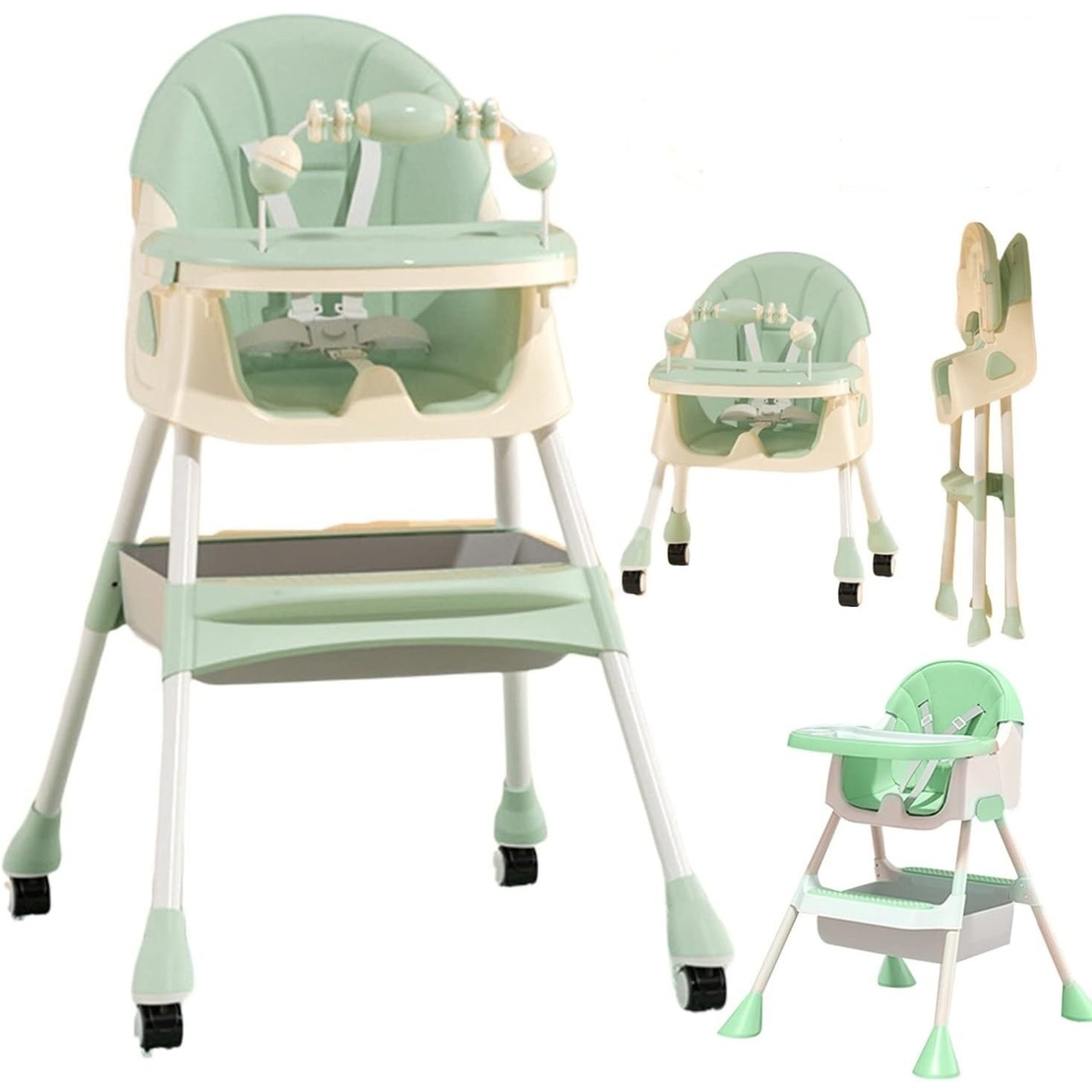 Scaun de Masa 2in1, Flippy, pentru Copii de la 6 luni - 5 Ani, Inaltime Reglabila, Centura in 5 Puncte, Tava de Masa, Roti cu Frana, Cos Depozitare, Jucarie Inclusa, 94 x 78 x 60 cm, Verde