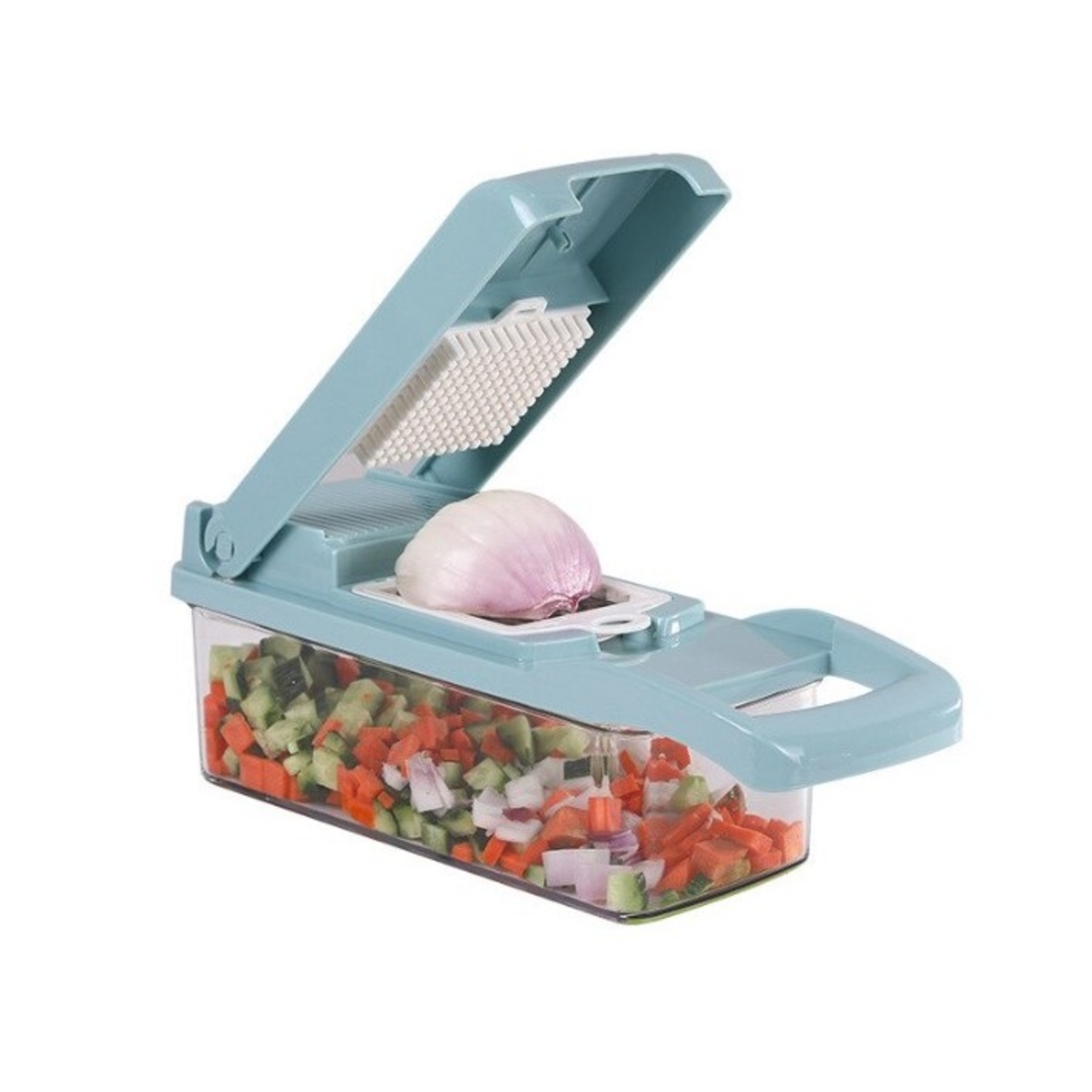 Feliator Multifunctional, Flippy, Razatoare, 8 in 1, pentru Fructe si Legume, 10 Piese, Lame de Inox, Recipient Stocare, Separator Oua, Protectie Mana, ABS, 32.2x11.3 cm, Albastru/Alb