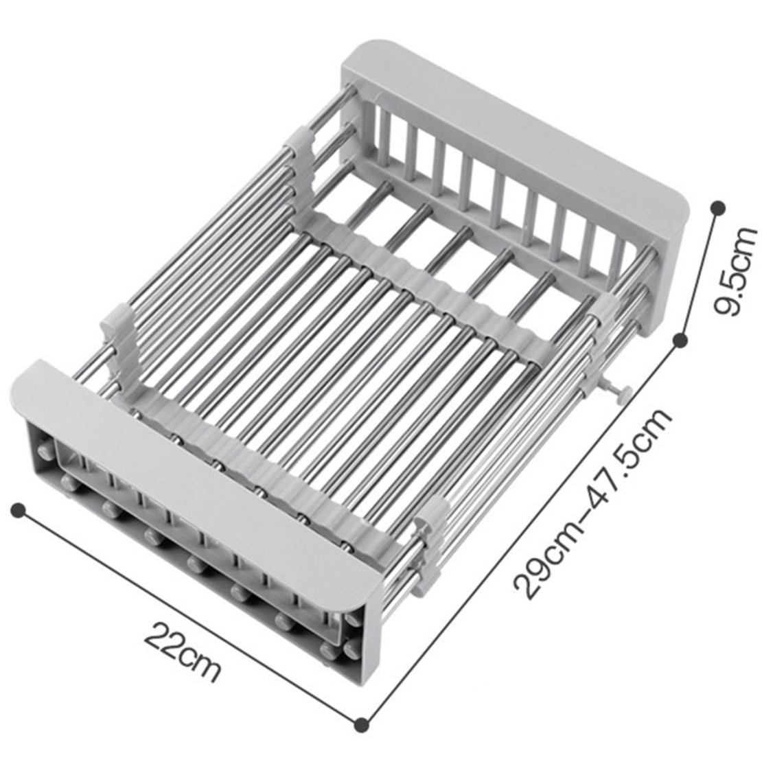 Suport Scurgere Extensibil pentru Bucatarie, Flippy, Uscator Vase din Otel Inoxidabil, Suport Tacamuri si Pahare, Suport pentru Fructe si Legume, 29 x 22 x 9.5 cm Gri