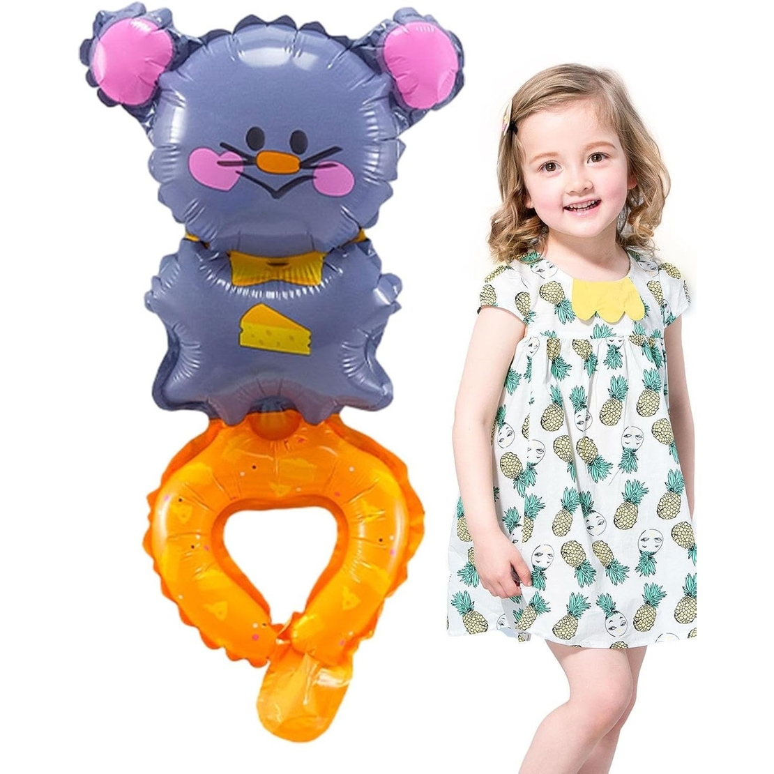 Balon din Folie Metalizata, Flippy, Figurine Animalute, Tip Bratara, Model Soricel, Ambalaj Individual, Pai Inclus, Umflare cu Aer sau Heliu, Gri