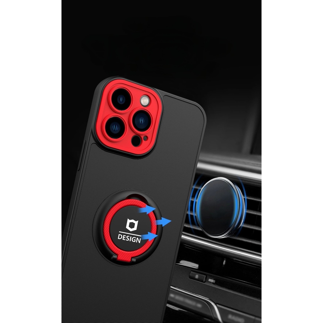 Husa de protectie Eagle eye pentru Apple iPhone 14 Pro, Rezistenta la socuri, Protectie camera, Cu inel de prindere magnetic rosu, Flippy, Negru