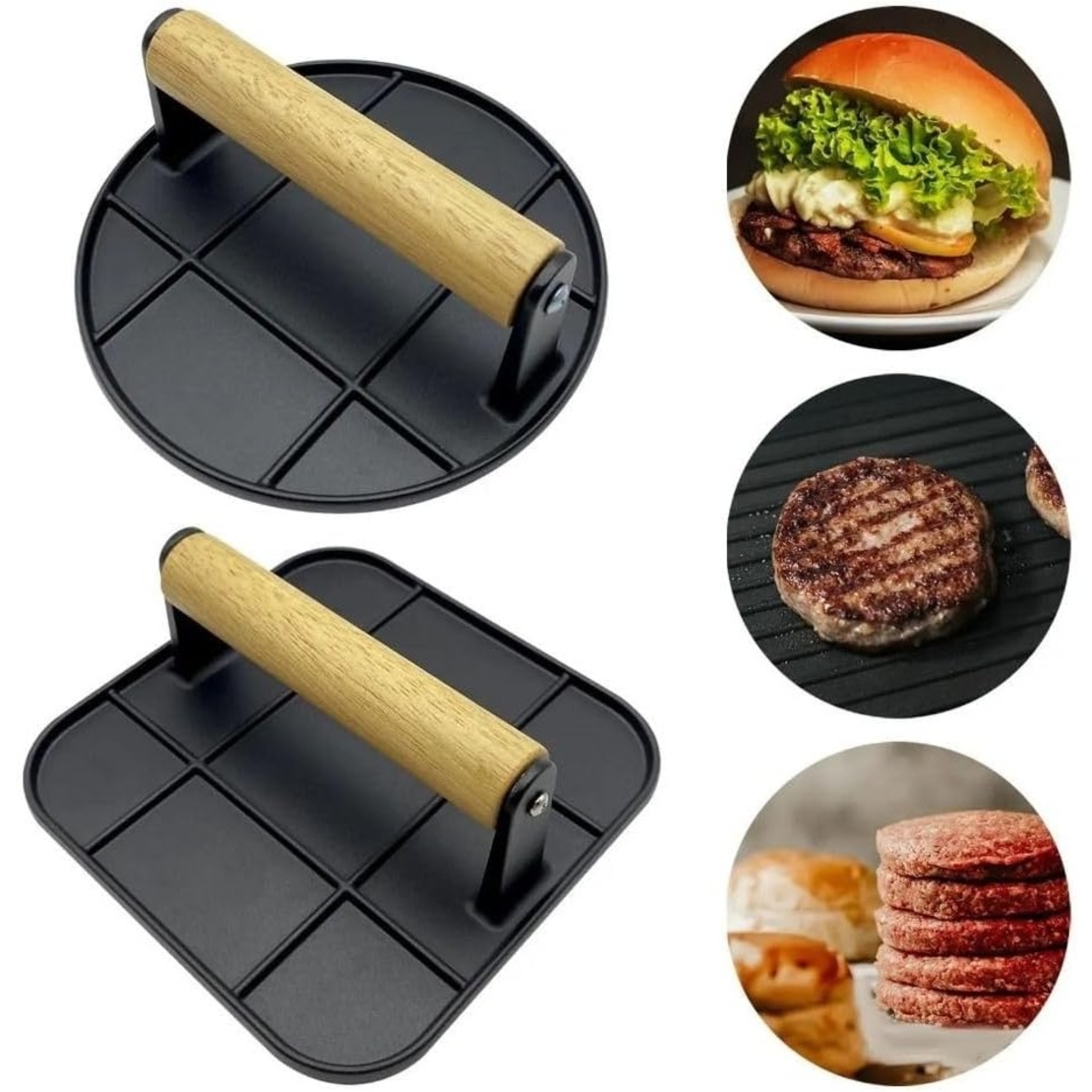 Presa Manuala pentru Carne, Flippy, din Aliaj de Aluminiu, Maner din Lemn, Presa pentru Burgeri, Usor de Curatat si Folosit, Rotunda, 16x16x6 cm, Neagra