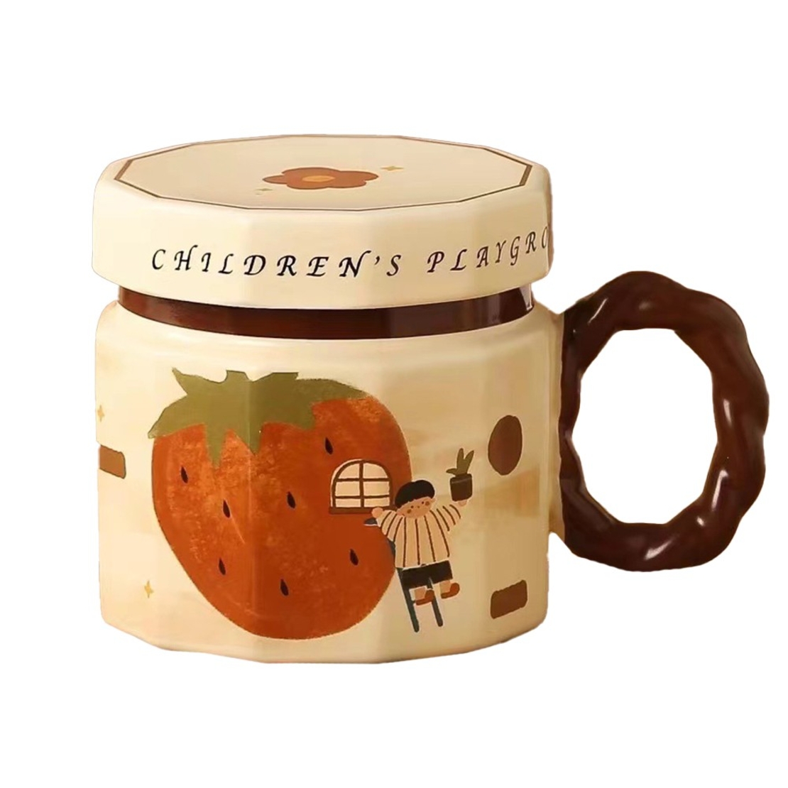 Cana din ceramica, Flippy, Cana pentru Cafea, Ceai, Cana Universala, Unisex, Cana cu Capac, 9 x 8 x 8 cm, 400 ml, Model Capsuna, Bej