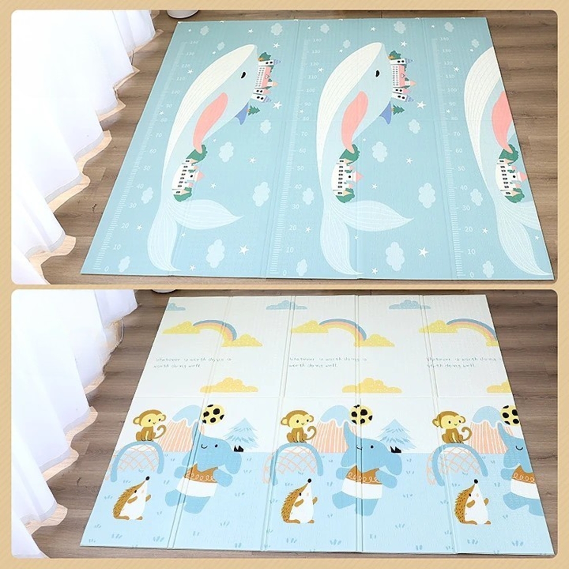 Covoras pentru Copii, Flippy, cu 2 Fete, Model Balene/Iepurasi, din XPE+PE, Impermeabil, Antiderapant, Protectie Termica, +3 Luni, Pliabil, 150 x 200 x 1.5 cm, Multicolor