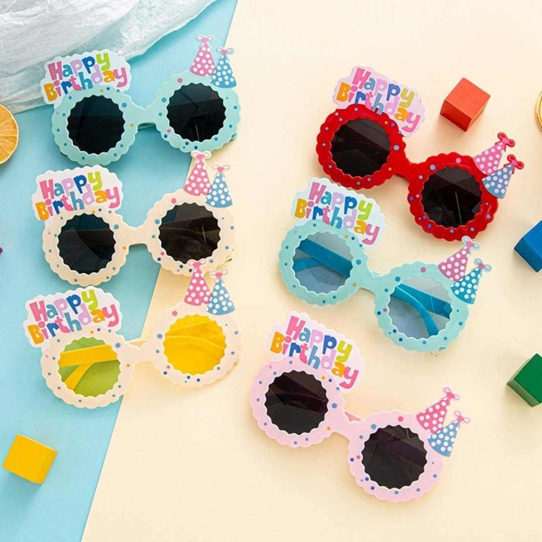 Ochelari Decorativi, Flippy, pentru Petrecere, din ABS, Unisex, Model Happy Birthday, 13.5 x 8.5 cm, Bej cu Lentile Galbene