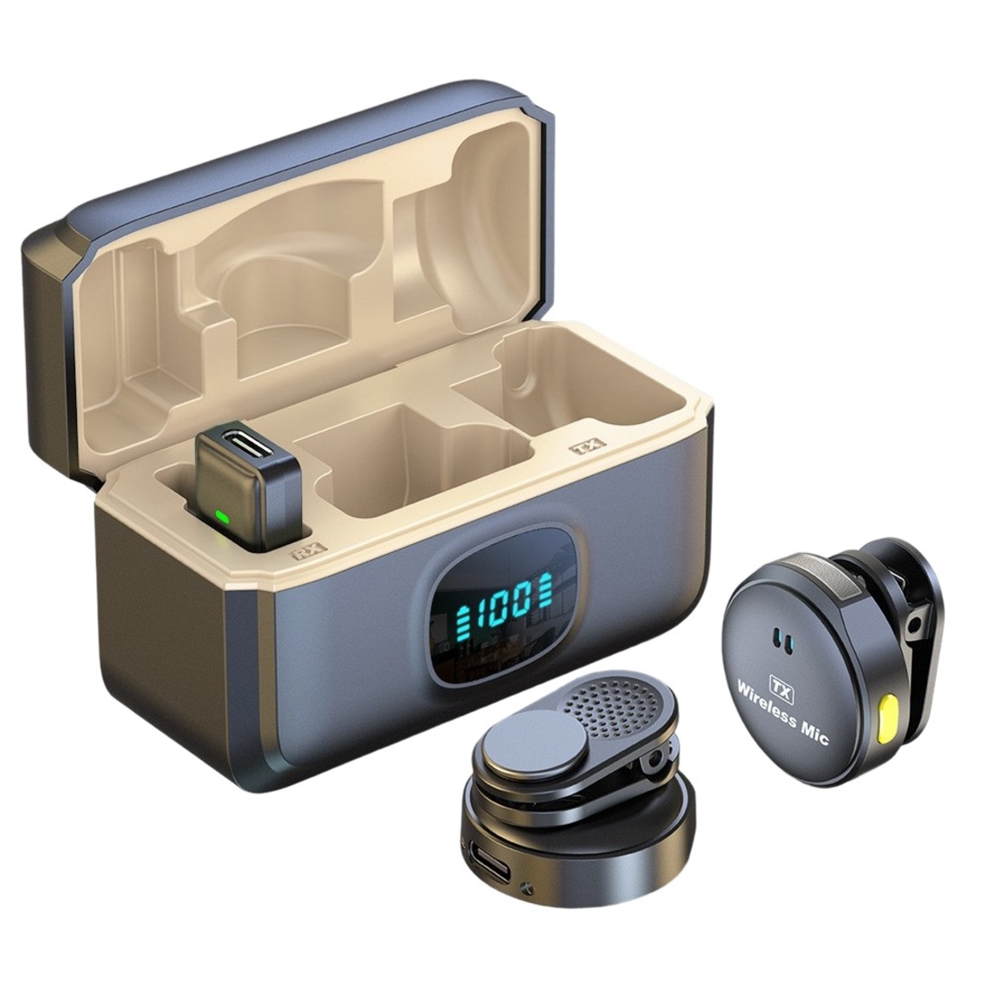 Set 2 Microfoane Profesionale Lavaliere, Flippy, Type C cu Adaptoare iPh si USB 3.0, Casca montorizare, Cutie incarcare rapida, Functie Anulare zgomot ambiant