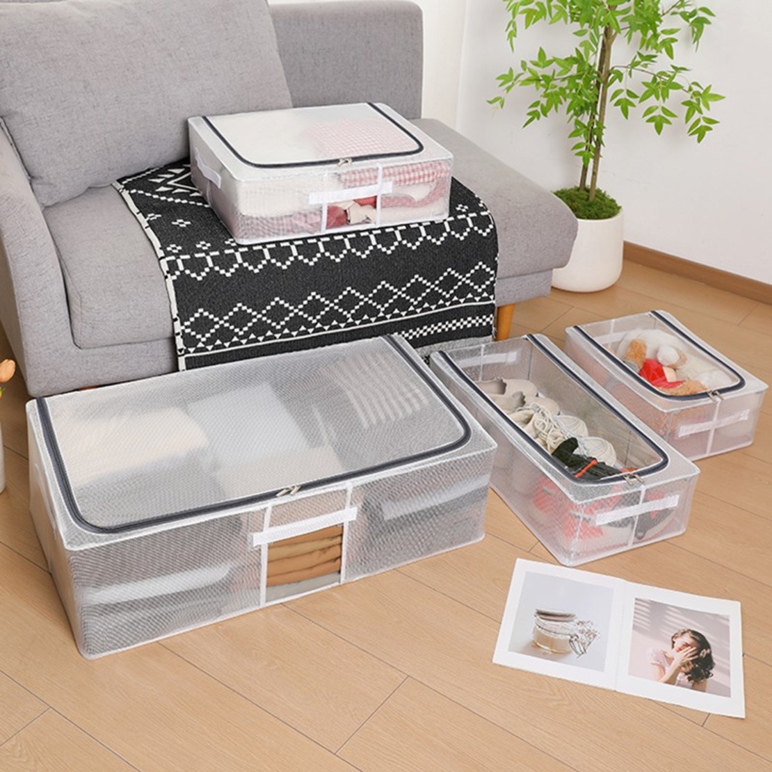 Cutie de Depozitare, Flippy, pentru Pantofi Haine, din Plasa PVC Impermeabila si Cadru de Otel, Pliabila, Fermoar Bidirectional, 40 x 30 x 15 cm Transparenta