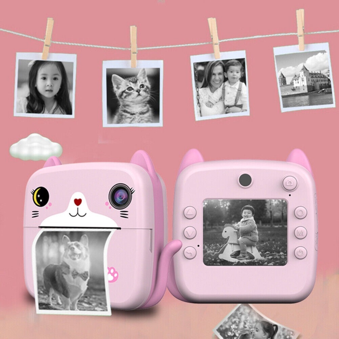 Camera Instantanee pentru Copii, Flippy, cu Functie de Printare, Camera Frontala + Selfie, Cablu USB-C, Bluetooth, Compatibil iOS/Android, Imprimare APP, Model Pisica, Roz