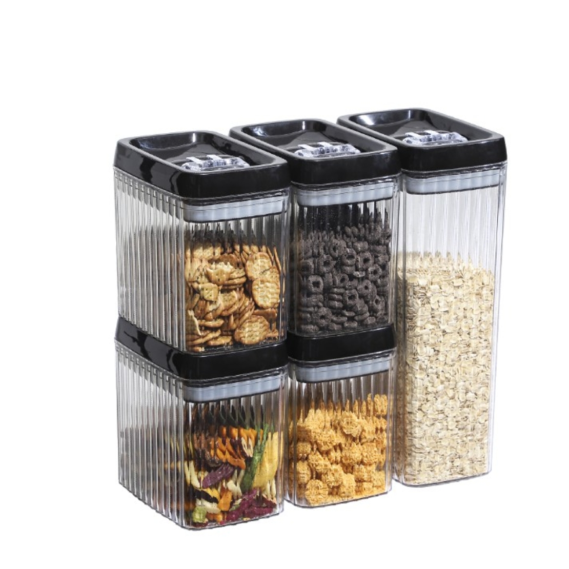 Set 5 Recipiente din Plastic, Flippy, pentru Alimente/Obiecte, Inchidere Ermetica, Textura Ondulata, 4 x 1.5l, 1 x 3.3 l, Transparent