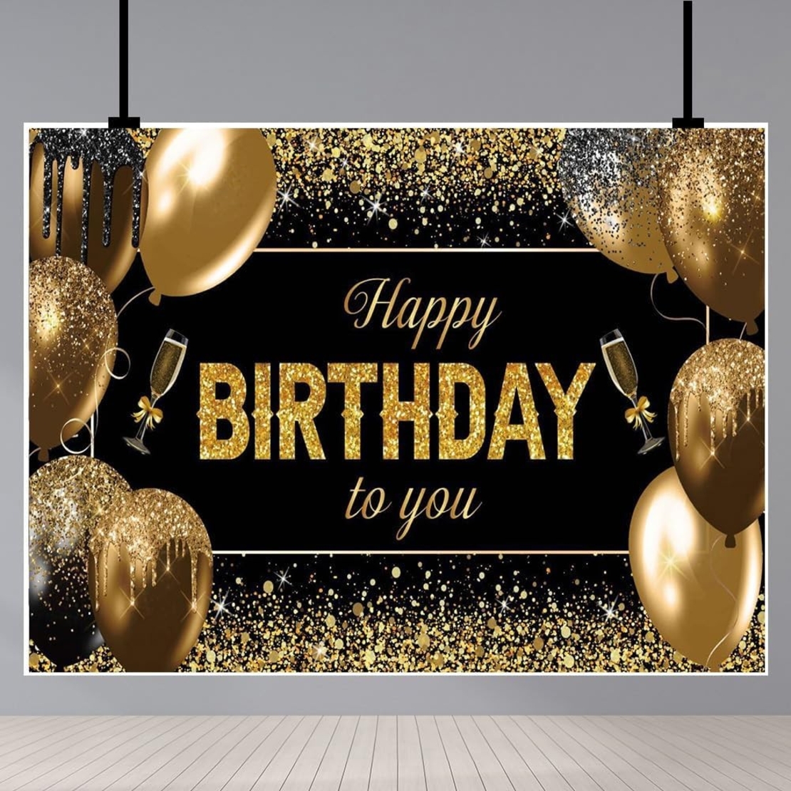 Banner Tip Fundal pentru Poze, Flippy, din Panza, 185 x 110 cm, Sfoara 6 m, Prindere in 4 Colturi, Happy Birthday to You, Negru/Auriu