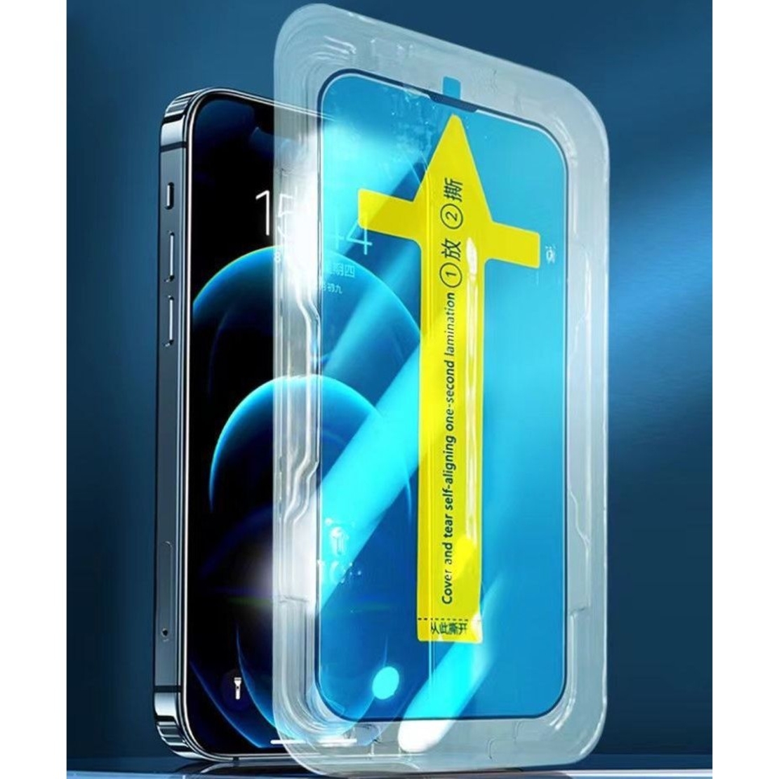 Folie sticla securizata cu sistem de montare usor si rapid Flippy pentru Apple iPhone 14 Plus / 13 Pro Max, Transparent cu margini negre