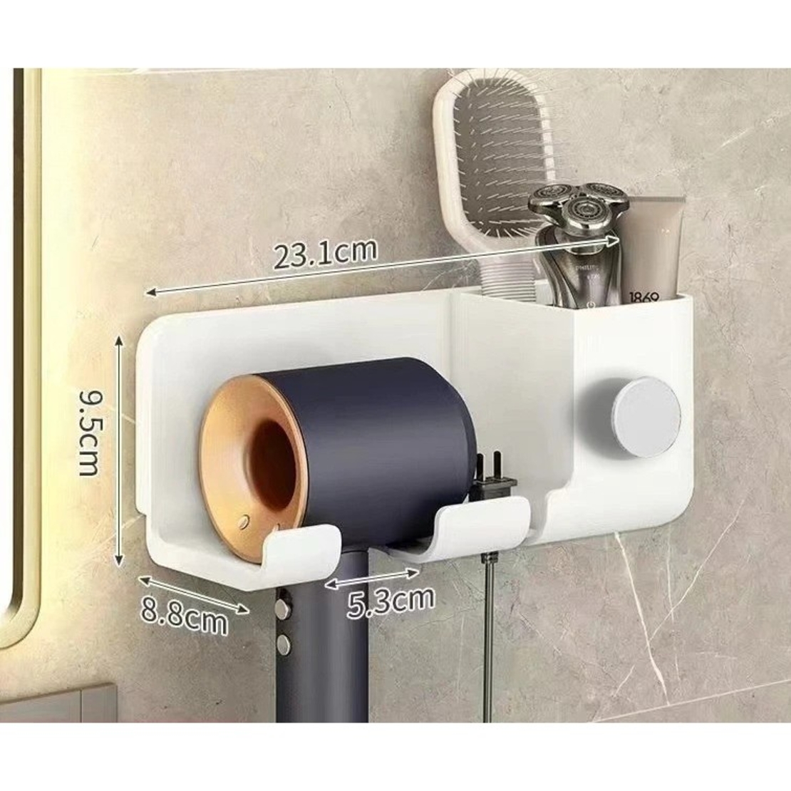 Suport de Baie, Flippy, pentru Uscator de Par, cu Organizator Dublu, din Plastic, Aplicare cu Suport Adeziv, 23 x 8.8 x 9.5 cm, Alb