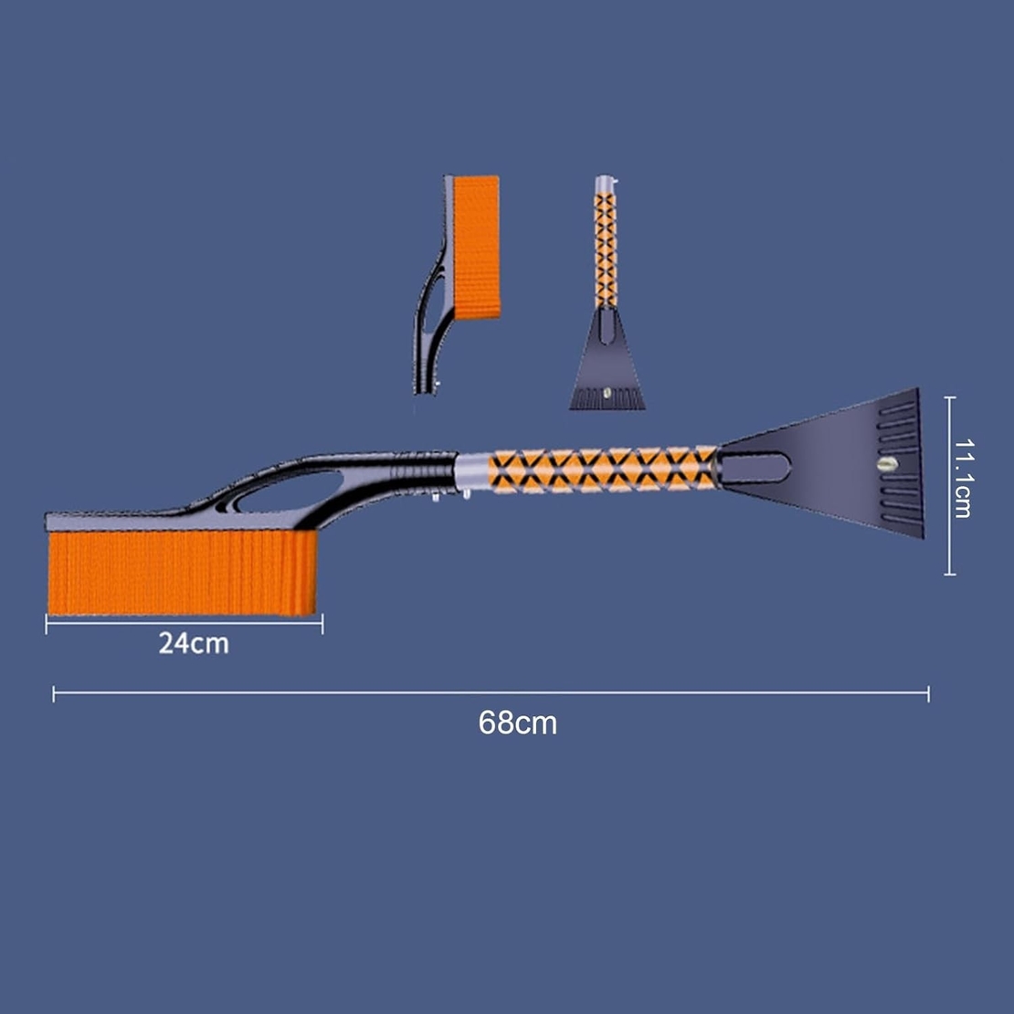 Perie de Zapada cu Racleta pentru Masina, Flippy, Multifunctionala, Demontabila, cu Maner Antiderapant, Aluminiu, Plastic, Fragmentarea Ghetii de pe Parbriz, Solutia pentru Iarna, pentru Dezghetare, 68x24x11.1 cm, Portocaliu