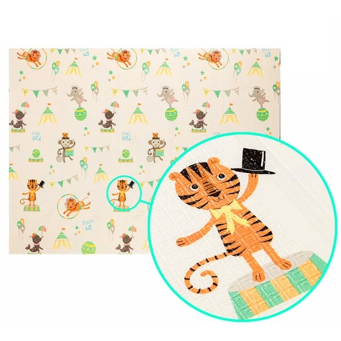 Covoras pentru Copii, Flippy, cu 2 Fete, Model Caprioare/Circ, din XPE+PE, Impermeabil, Antiderapant, Protectie Termica, +3 Luni, Pliabil, 150 x 200 x 1 cm, Multicolor