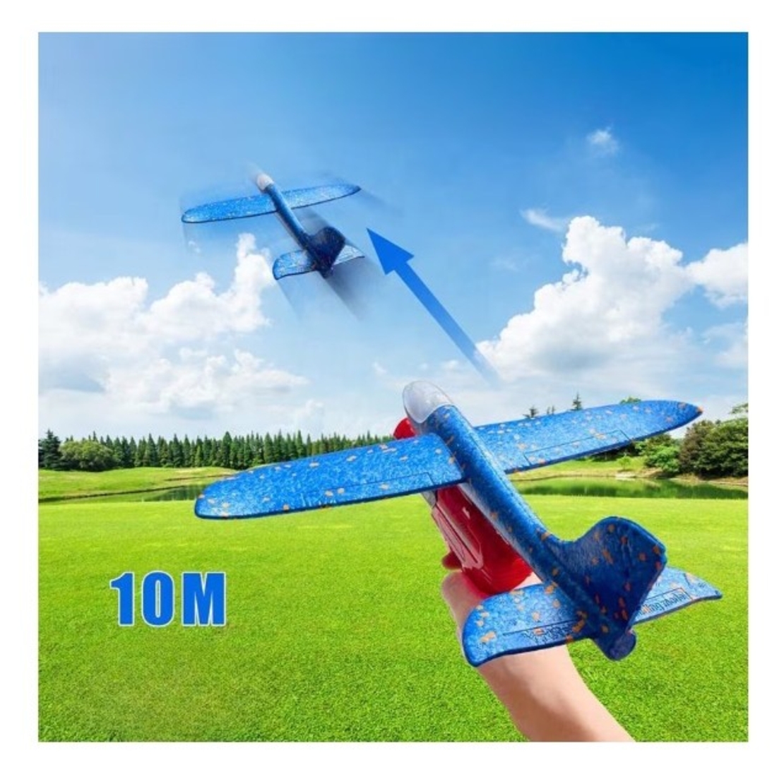 Pistol cu Lansator de Avion, Flippy, din Polistiren+Plastic, +3 Ani, Avion 38 cm, Lansare 10 m, cu Lumini si Roti, Rosu/Albastru