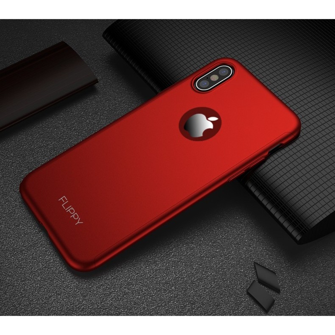 Set Husa si Folie de Protectie, Flippy, Compatibila cu Apple iPhone X, Full Cover 360°, Plastic + Sticla, Rosu