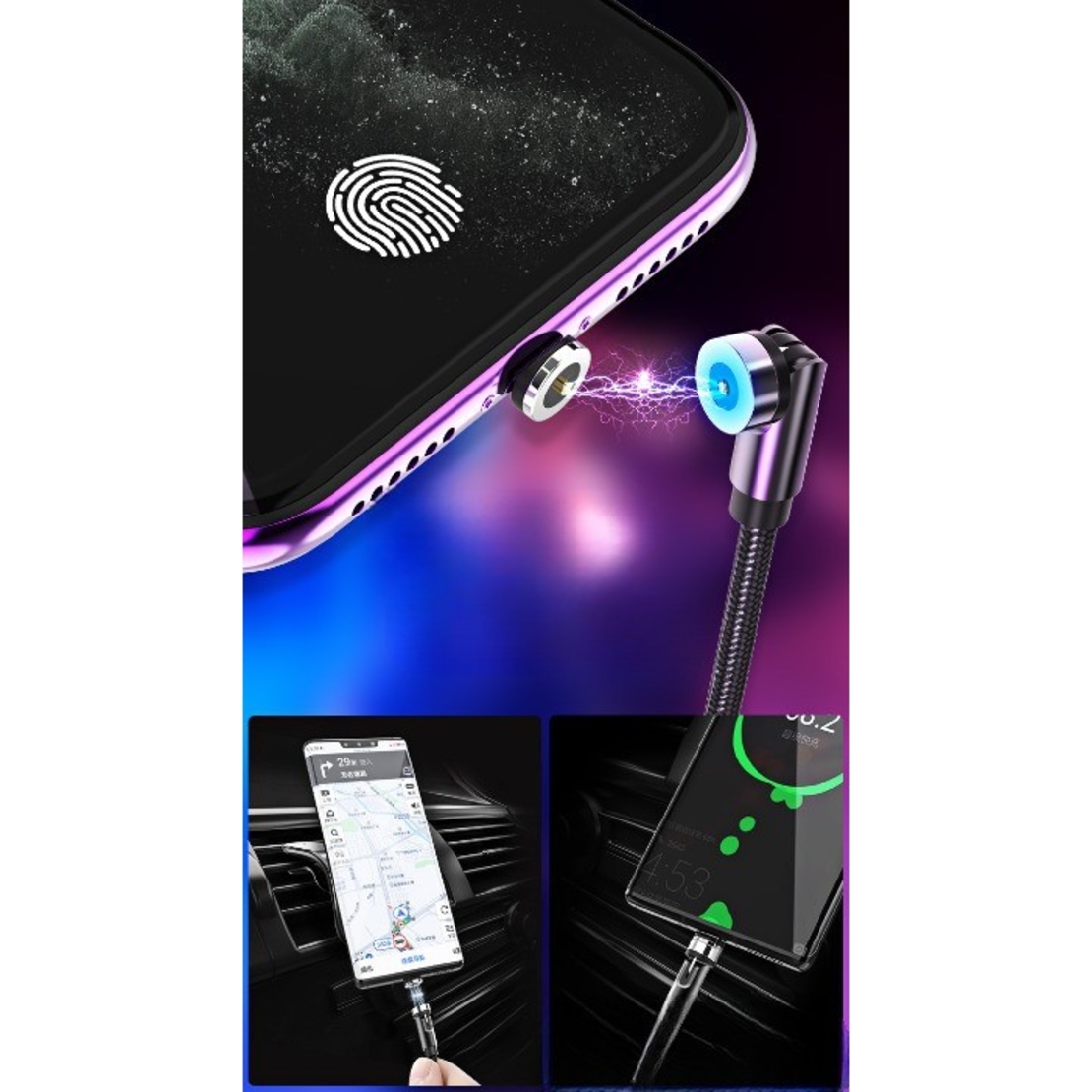 Cablu de incarcare magnetic 3 in 1 360 grade + 180 grade, 1 m, micro, type C, iPhone,  5 V, 2.1 A, Negru