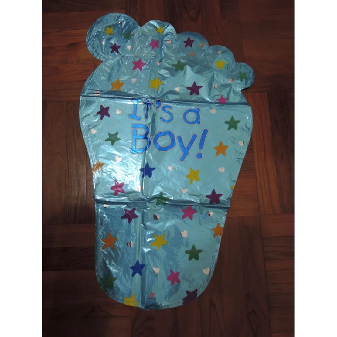 Set 3 Baloane din Folie Metalizata, Flippy, Figurine Picior 46x79 cm, Inima 45cm, Stea 45cm, Model It's a Boy, Tema Gender Reveal, Ambalaj Individual, Pai Inclus, Umflare cu Aer sau Heliu, Albastru