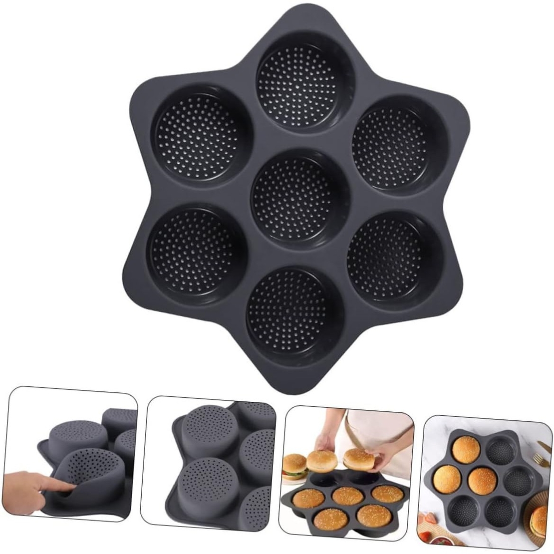 Forme de Silicon pentru Copt, Flippy, 7 Forme Rotiunde, pentru Burgeri si Prajituri, 38.5 x 4 cm, Negru