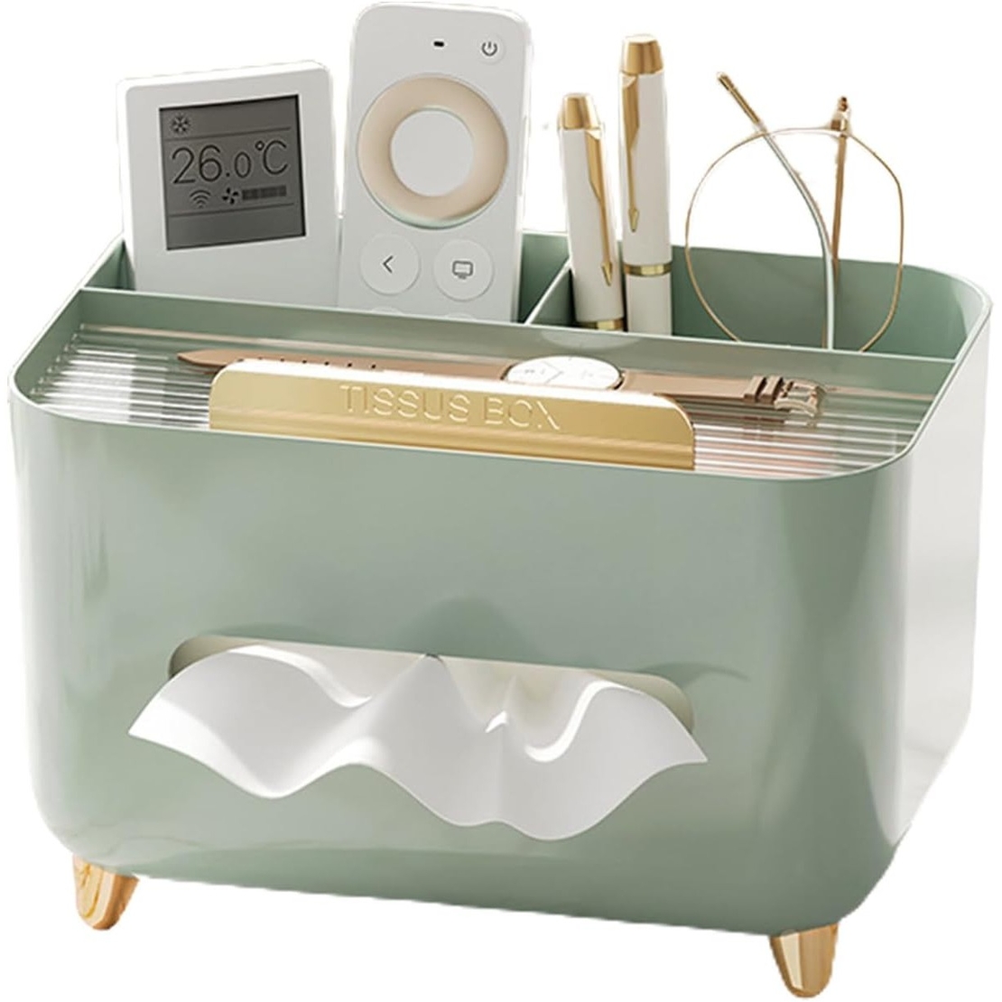 Suport pentru Servetele, Flippy, Cutie Multifunctionala, Design Minimalist, ABS, cu Suport pentru Obiectele Personale, pentru Birou, 21x15x13 cm, Verde