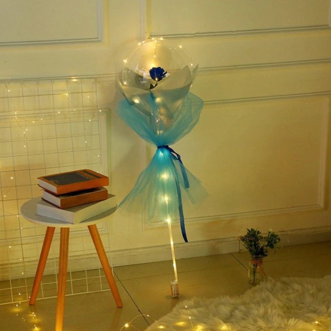 Set Trandafir in Balon LED cu Lumini, Flippy, Tip Buchet, Diametru 35 cm, Albastru
