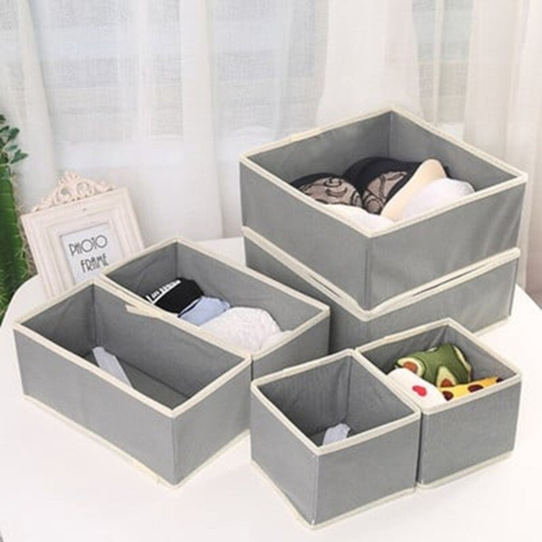 Organizator pentru Sertar, Flippy, 3 Marimi, pentru Lenjerie, Tricouri, Sosete, 6 Piese, Pliabil, Stivuibil, din Tesatura, Gri/Alb