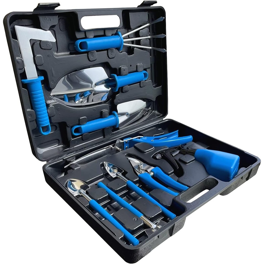 Set 10 Unelte de Gradina, Flippy, pentru Plantare Prelucrare Sol si Ingrijire Plante, Manere Albastre, Material PVC si Otel Inoxidabil, Cutie Inclusa, 37x28x7 cm, Negru