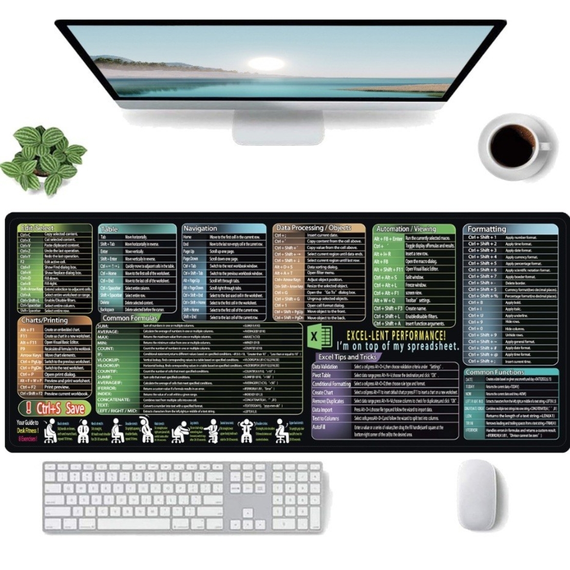 Mousepad cu Suport Tastatura, Flippy, Covoras pentru Masa de Birou cu Formule si Scurtaturi pentru Excel, Rezistent la Zgirieturi si Antiderapant 90 x 40 cm, Model 1 Negru