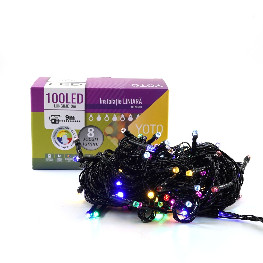 Instalatie de Craciun liniara Yoto, 10 m, din care 1 m cablu priza 220V, 100 LED, 8 jocuri de lumini, beculet in 6 colturi, pentru interior, controler, fir negru, multicolor