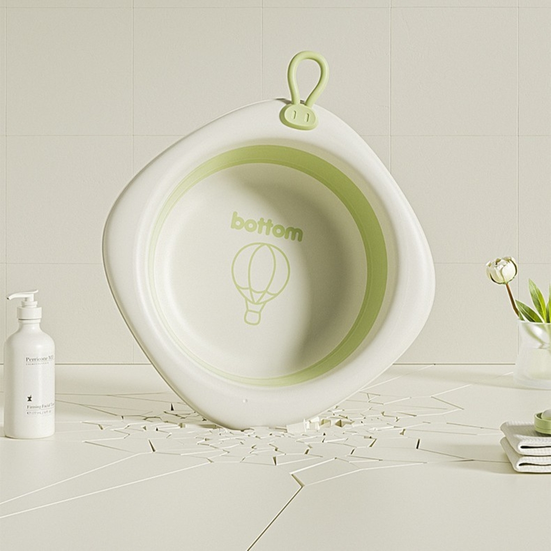 Cada Pliabila pentru Baie pentru Copii, Flippy, Cadita pentru Bebelusi, Model Romb cu Balon, Verde, 31.5x31.5x3.5 cm, 3L