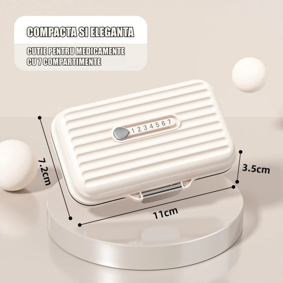 Cutie Medicamente, Flippy, Bej, 7 Compartimente, Portabila si Compacta, 11x7.2x3.5 cm, Ideala pentru Uzul Cotidian