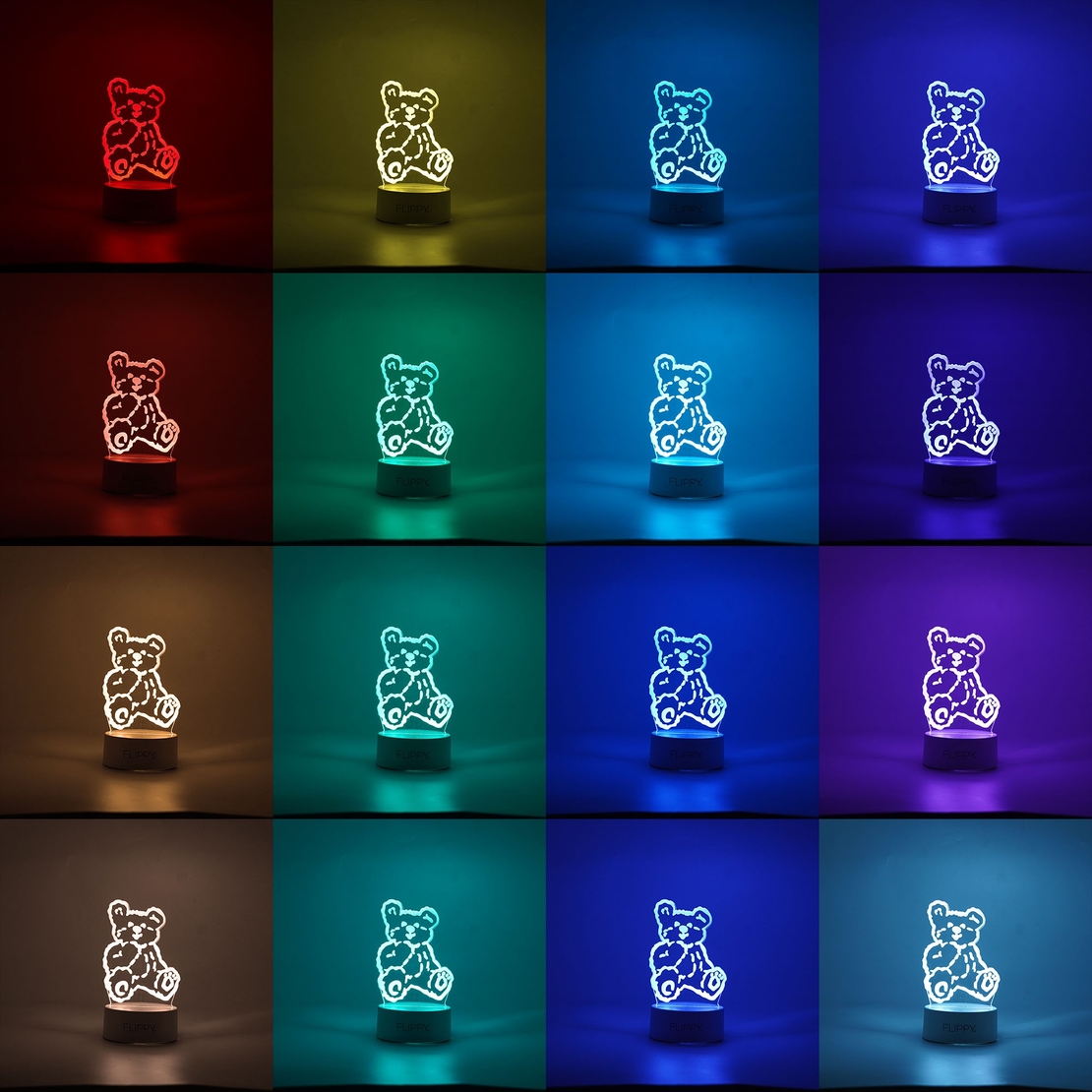 Lampa LED decorativa, Flippy, 3D, Ursulet, cu telecomanda, doua moduri de alimentare USB si baterii, 20 cm inaltime, din material acril si lumina multicolora, alb
