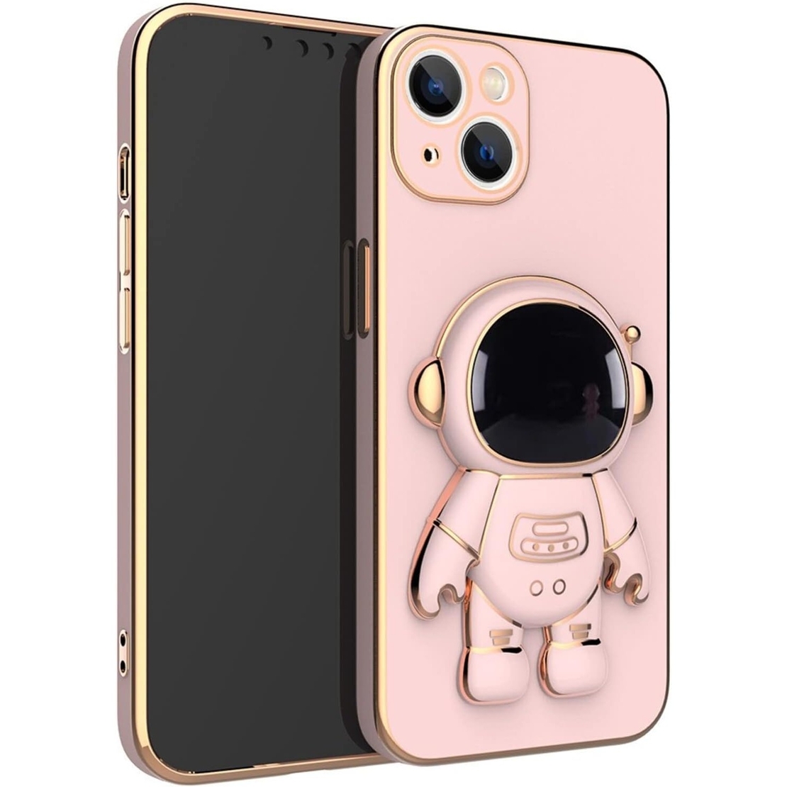 Husa de Protectie TPU 2in1, Flippy, pentru Apple iPhone 15, Astronaut cu Suport, Antisoc, Rezistenta la Impact, Protectie Camera, Roz