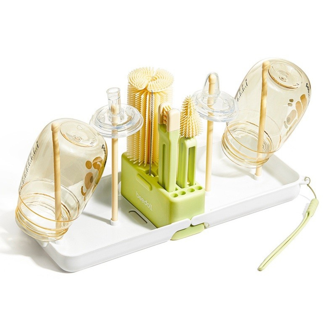 Set 7 Piese de Spalat/Uscat Biberoane, Flippy, Portabil, Peri de Silicon, pentru Tetine, Suzete, Biberoane, Paie, Cutie Inclusa, 16.8 x 12 x 5 cm, Model Panda, Verde