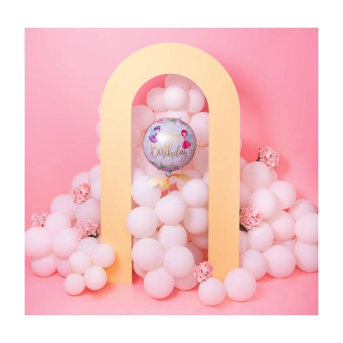 Balon din Folie Metalizata, Flippy, Figurina Cerc, Model Happy Birthday cu Zane, Tematica Aniversare, 45 cm, Ambalaj Individual, Pai Inclus, Umflare cu Aer sau Heliu, Multicolor