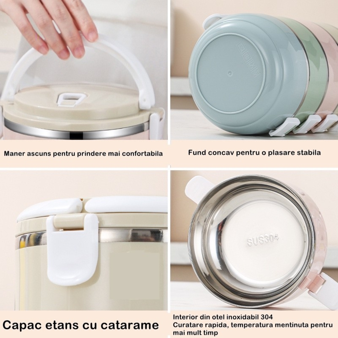 Caserola pentru alimente Flippy, lunch box, 700 ml, otel inoxidabil, maner, valva aerisire, inchidere etansa, 15 x 8.5 cm, albastru