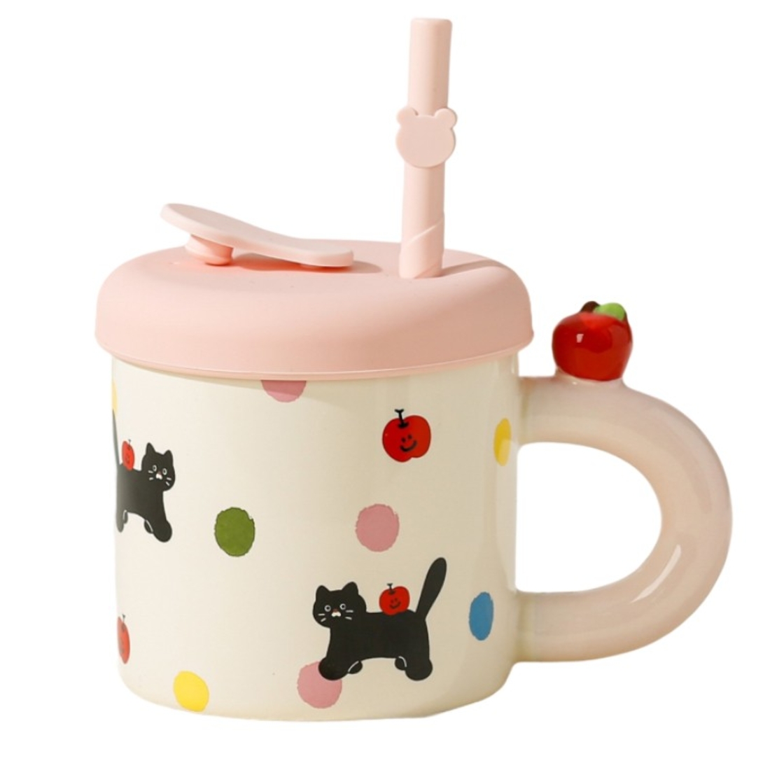 Cana din Ceramica cu Capac si Pai, Flippy, Capacul si Paiul din Silicon Roz, 9x8.5 cm, Model Cute B, Capacitate 380ml