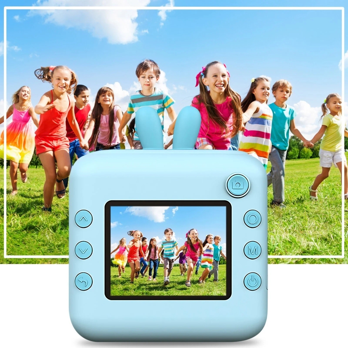 Camera Instantanee pentru Copii, Flippy, cu Functie de Printare, Cablu USB-C, Bluetooth, Compatibil iOS/Android, Imprimare APP, Model Iepure, Snur de Agatat Inclus, Albastru
