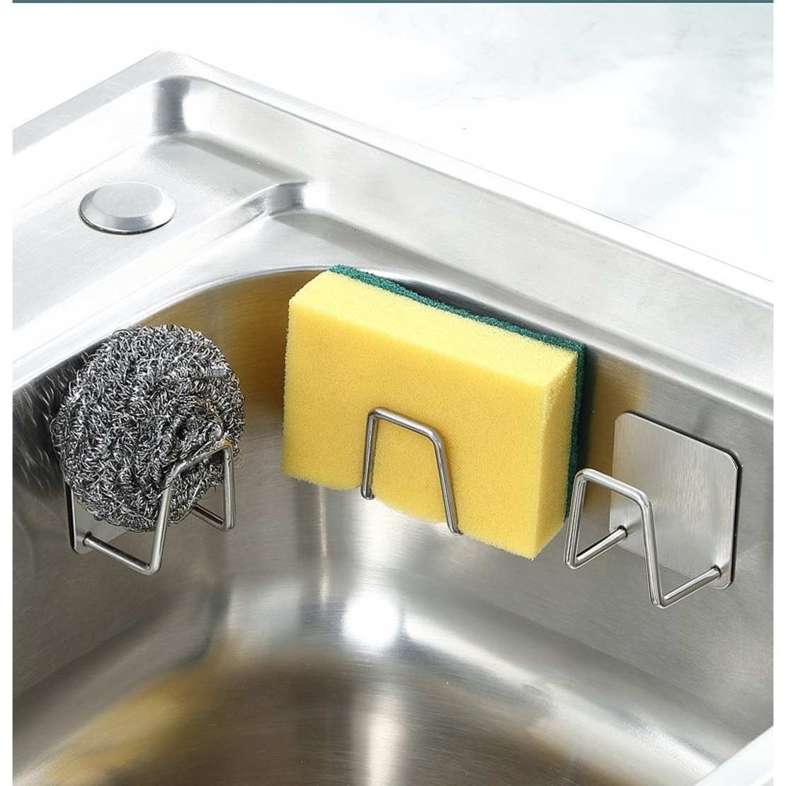 Organizator bucatarie Flippy cu adeziv, carlig-suport pentru burete, accesorii bucatarie, 5x5x3,5 cm, otel inoxidabil, gri