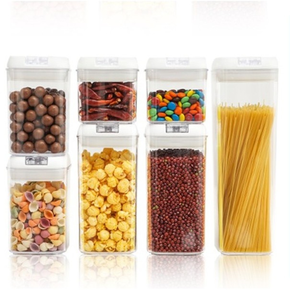Set 7 Recipiente din Plastic, Flippy, pentru Alimente/Obiecte, Inchidere Ermetica, 2 x 0.5l, 2 x 0.8l, 2 x 1.2l, 1 x 1.9 l, Capac Alb, Transparent