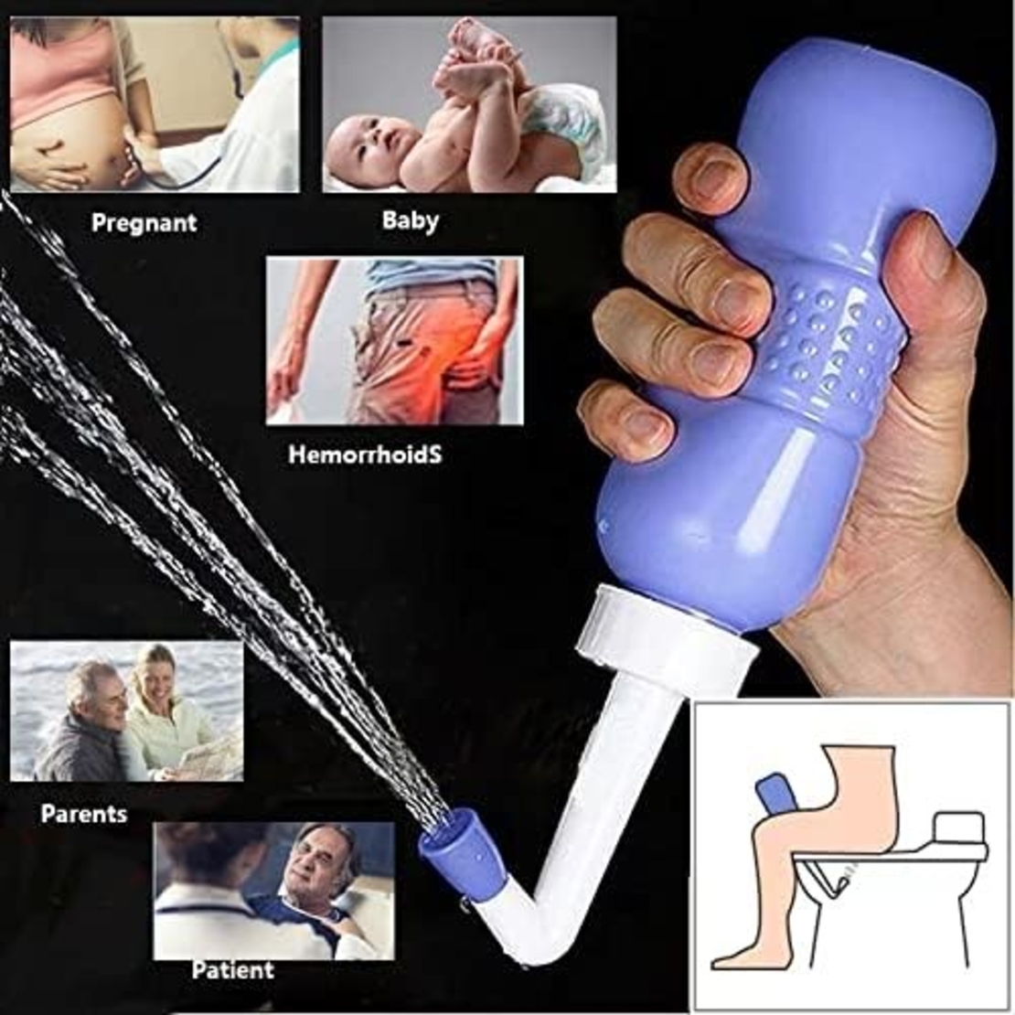 Bideu Portabil pentru Igiena Intima, Flippy, pentru Postpartum/ Postoperator, 450 mL, cu Capac si Husa Galbena, 29.5x7 cm, Culoare Recipient Mov