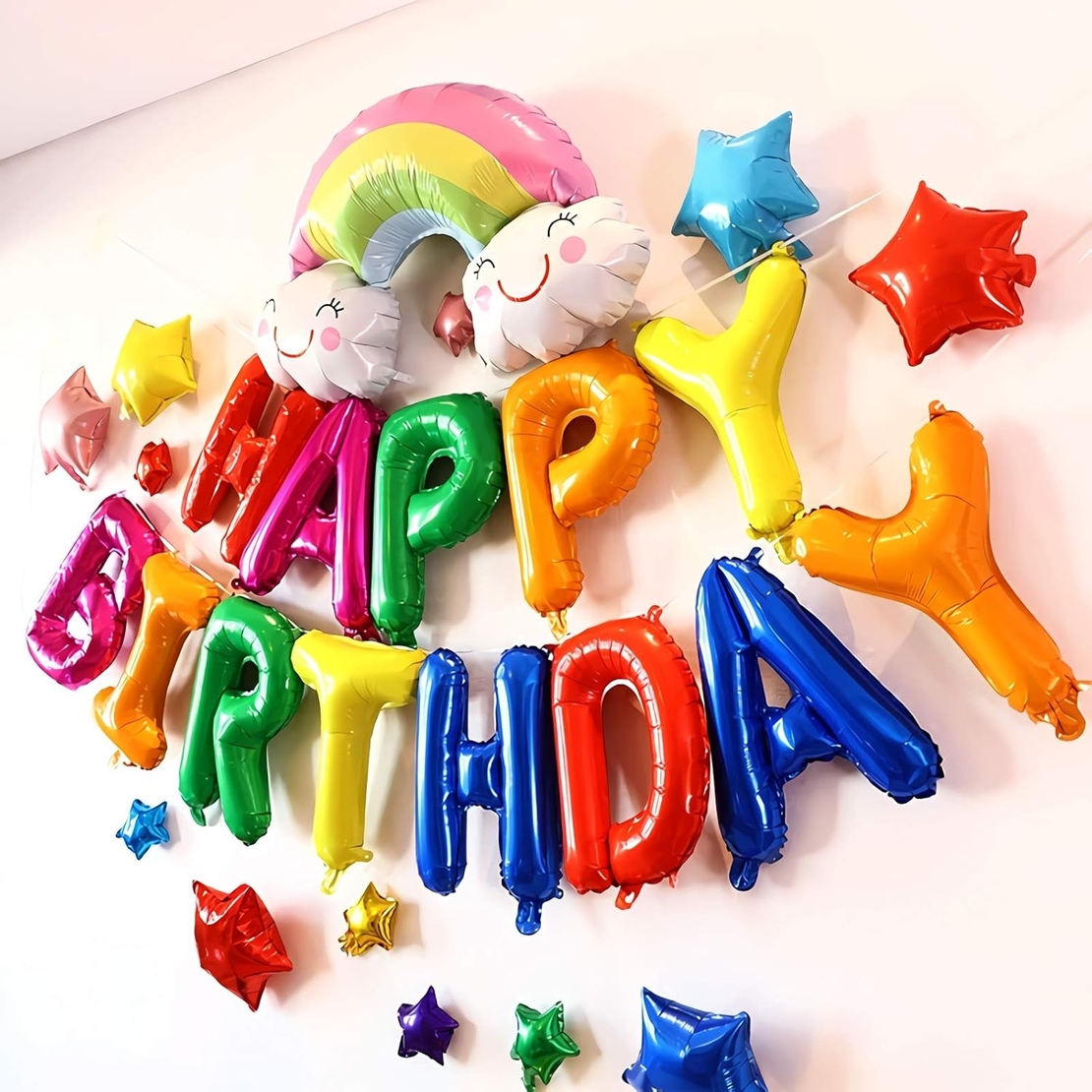 Set Baloane din Folie Metalizata, Flippy, Model Happy Birthday, Litere de 40 cm, Baloane Party, Ambalaj Individual, Pai, Ata si Adeziv Incluse, Umflare cu Aer sau Heliu, Multicolor