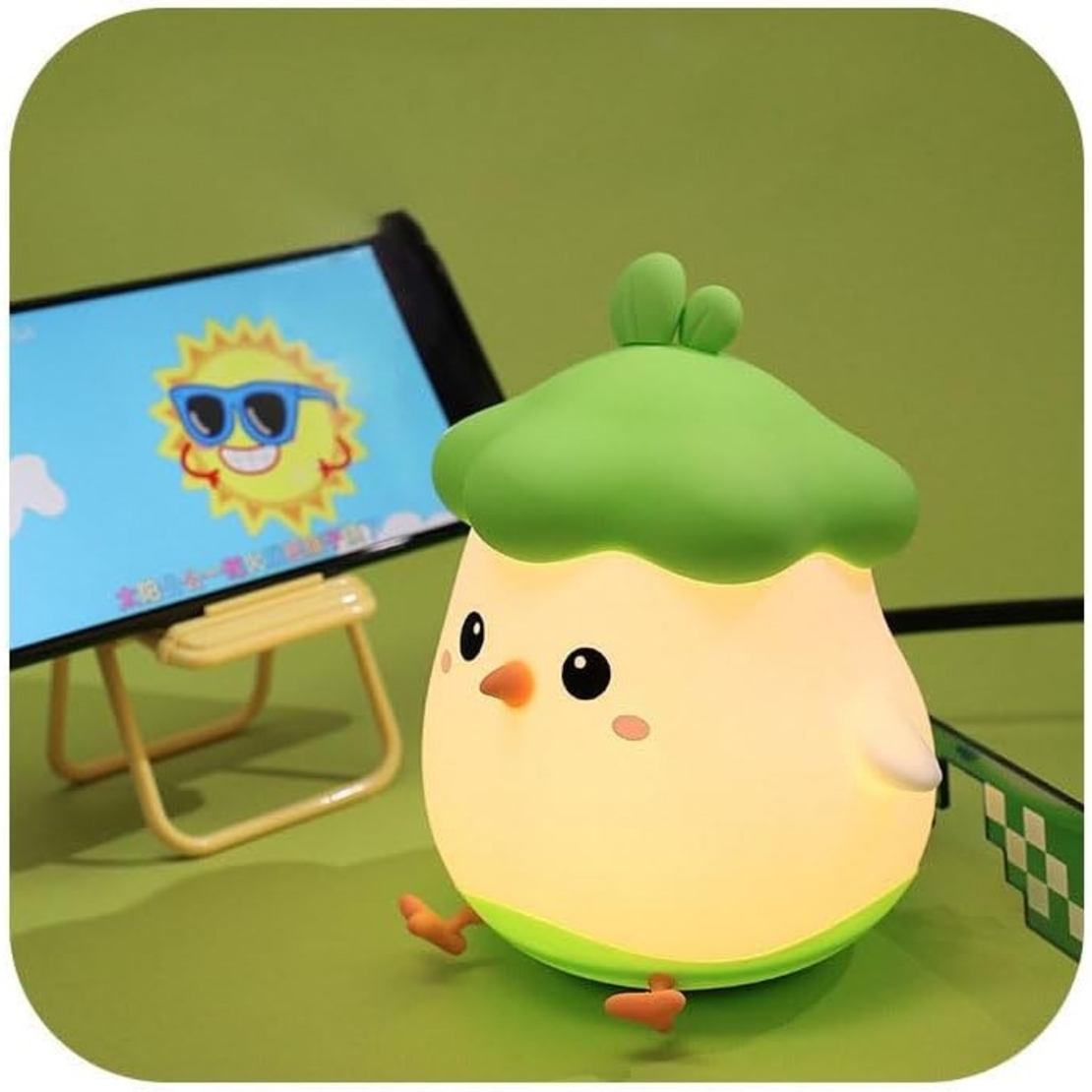 Lampa de Veghe pentru Copii, Flippy, din Silicon, Senzor Tactil, Model Pui, Lumina Calda, Protectie pentru Ochi, Incarcare USB, Capacitate Baterie Incorporata 800mAh, 11 x 10 x 12.4 cm, Verde