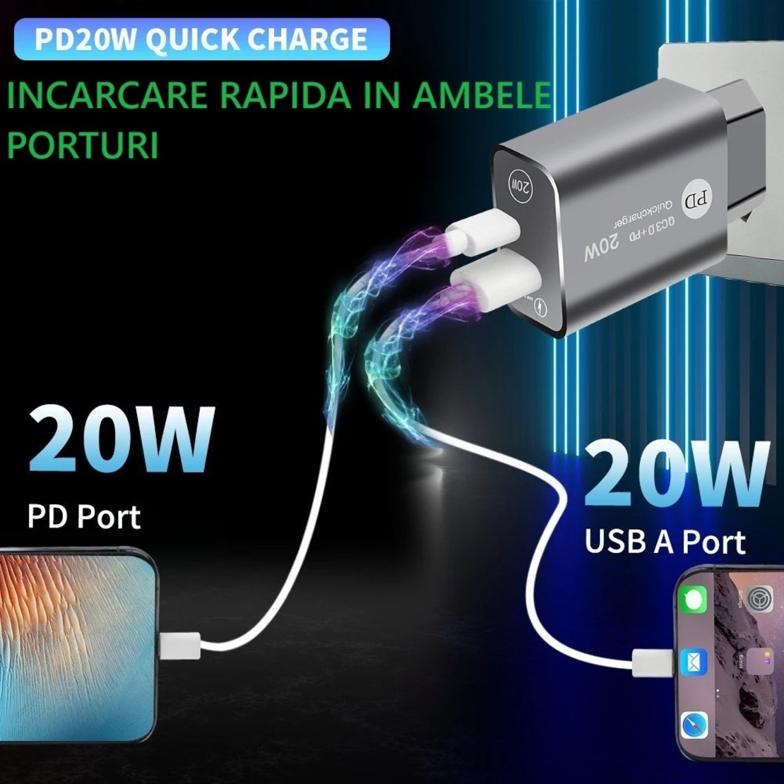 Incarcator Rapid PD QC3.0, Flippy, 2 Porturi, USB + Type C, 20W, Incarcare Rapida, Protectie Supraincalzire, 9.5 x 5.3 x 5.8 cm, Negru